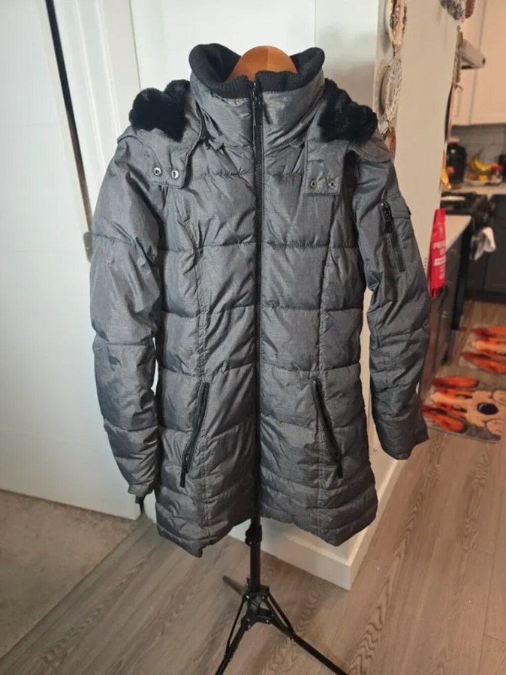 Polyester puffer coat, HFX brand, hooded parka with faux fur trim